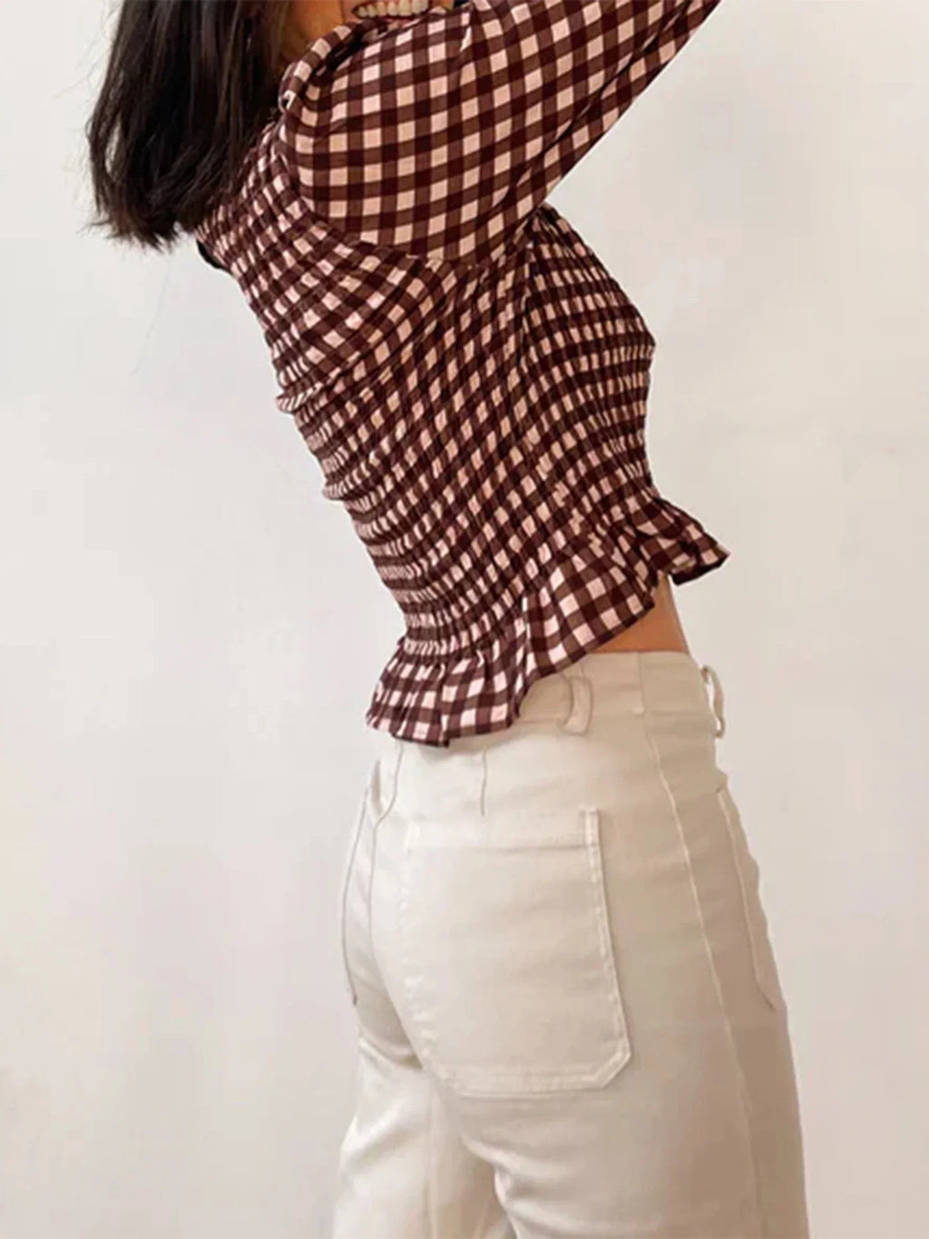 Women Fashionable Casual Round Neck Smocked Bubble 3/4 Sleeve Tops Summer Fall Plaid Print Ruffled T-shirts