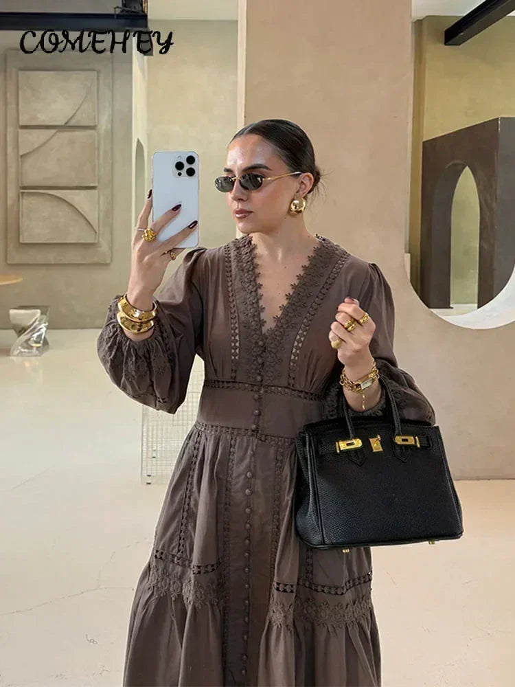 Elegant Lace Patchwork Hollow Out Dress Women Solid V-neck Long Lantern Sleeve Loose Dresses 2025 Spring Vacation Lady Robes