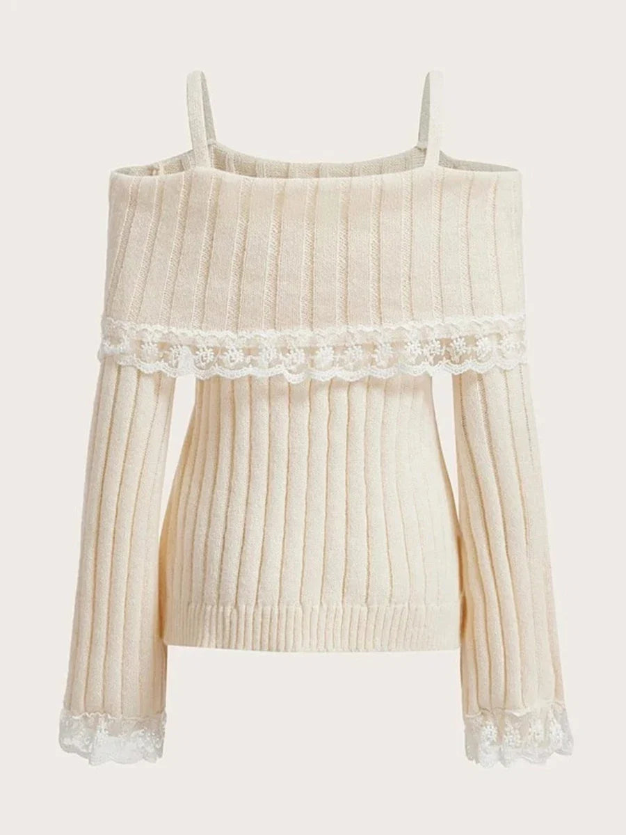 Women Long Sleeve Contrast Lace Knit Pullovers Autumn Winter Cold Shoulder Sweaters Bow Front Jumper Tops Beige/Pink