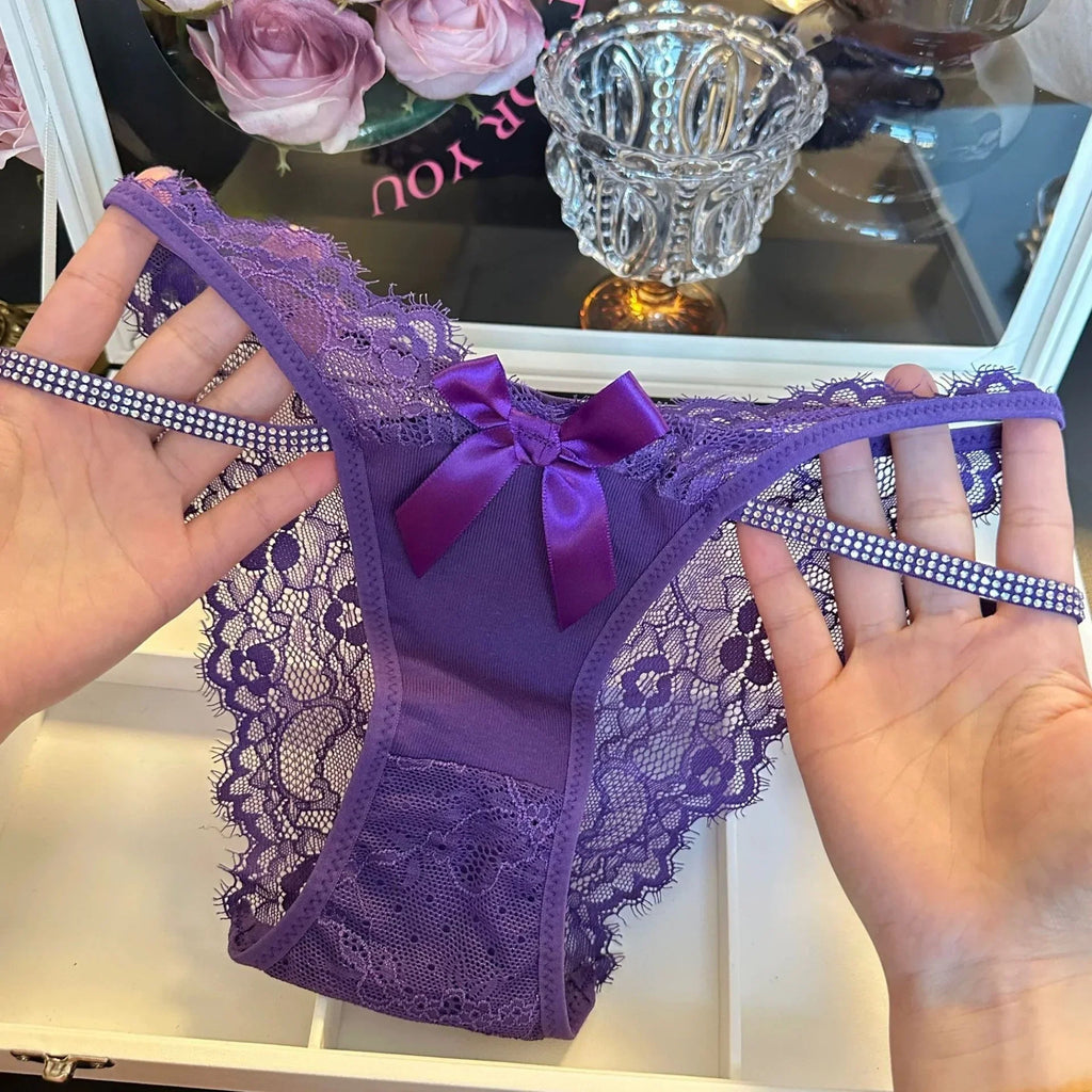 Rhinestones Girls Sexy G String Lace Panties Women Underwear Briefs Hollow Out Thong Transparent Lingerie Intimates