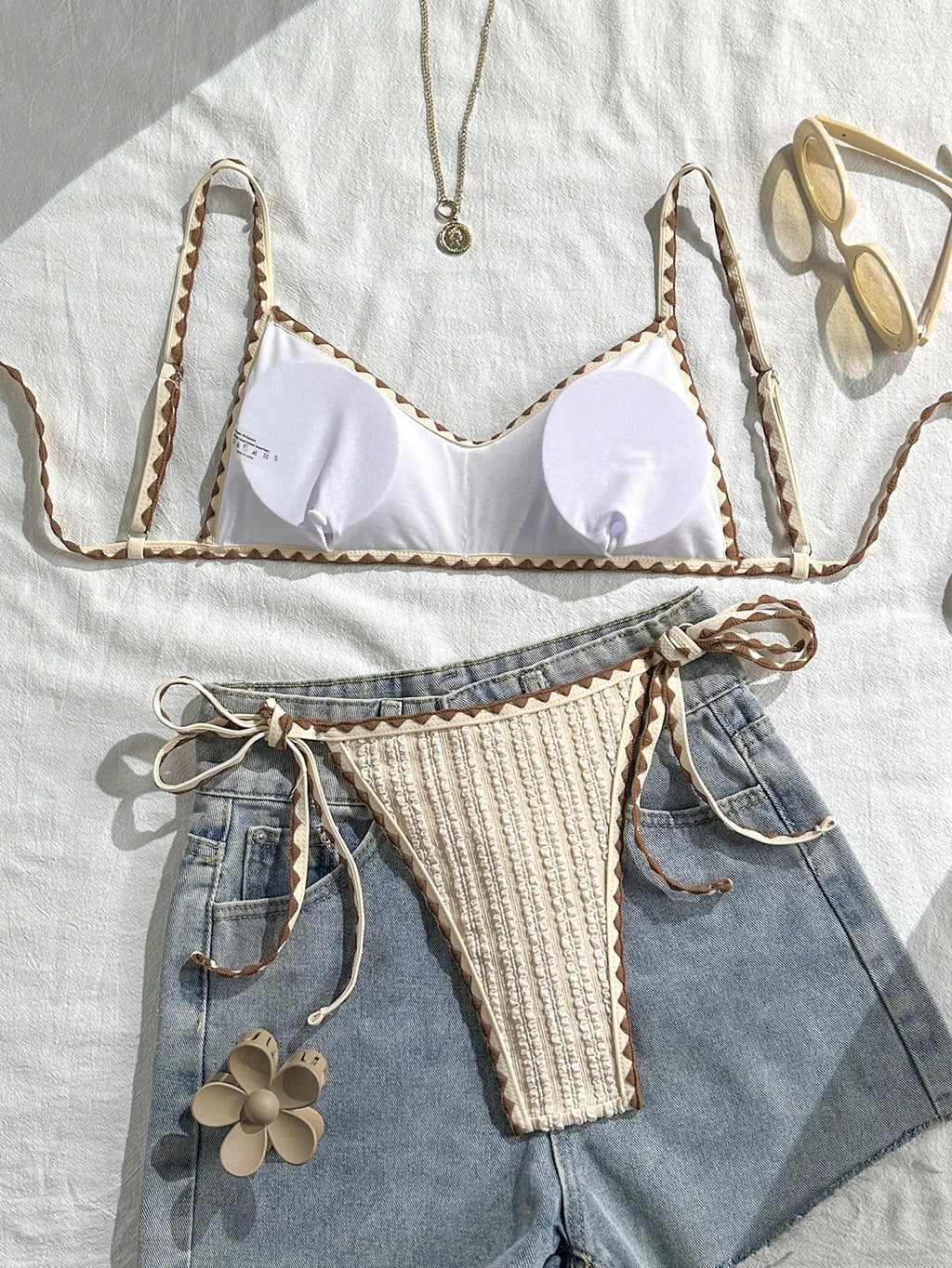 Sexy Triangle Bikini Set 2026 Women Beige Patchwork Pleate Push Up Bra Tie Side Thong Swimsuit Beach Bathing Suit Micro Swimwear