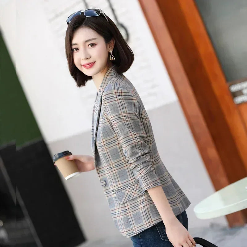 Gray Striped Plaid Blazer Jacket Women's Fashion Slim Coats V-Neck Single Button Ladies Blazers S-XXXXXL