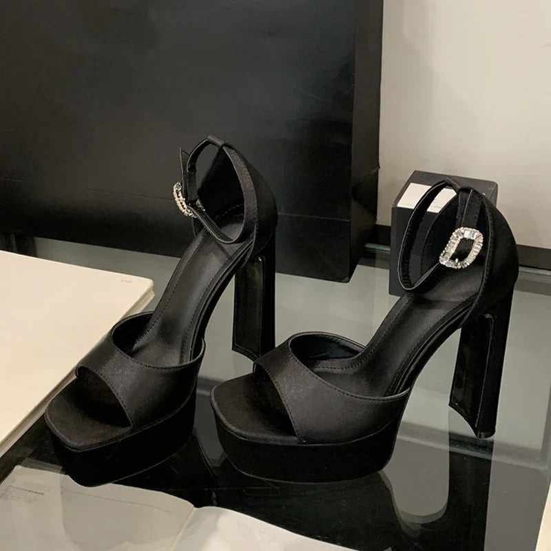 Liyke Runway Style Black High Heels Platform Sandals For Women Cozy Silk Square Toe Buckle Strap Lady Party Dress Shoes Size 40
