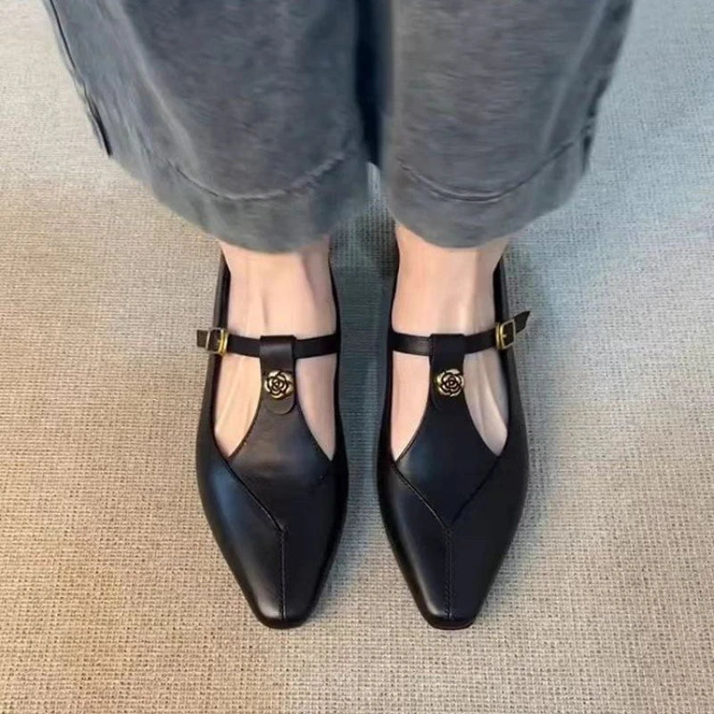 Women's Rose Decor T-Strap Loafers, Vintage Elegant Soft Leather Low Heel Comfort Shoes for Spring Office, Commute & Dating