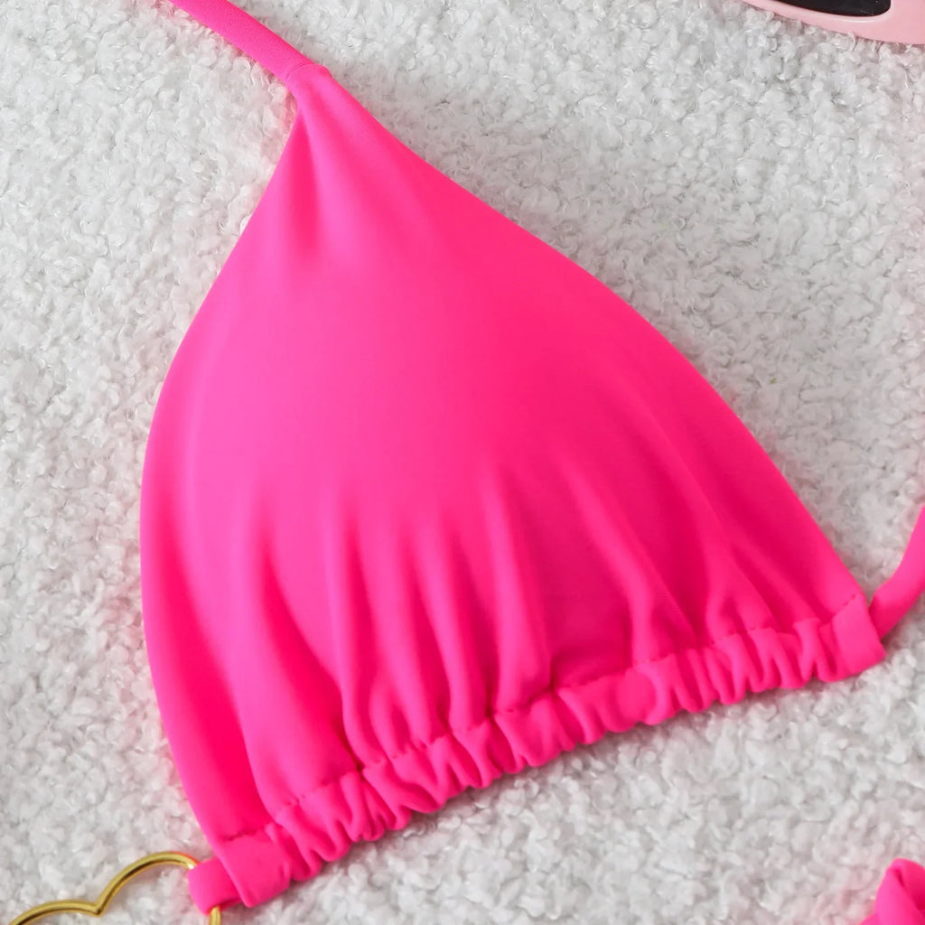Sexy Metal Heart Ornament Bikini Set 2026 Women Blue Pink Halter Push Up Bra Thong Swimsuit Beach Bathing Suit Vacation Swimwear