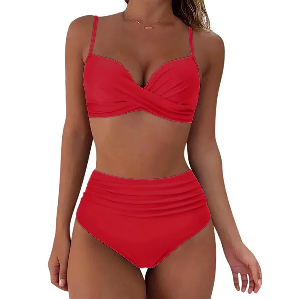 2026 Black Sexy Based Print Split High Waist Bikini Swimsuit For Women Two Piece Solid Color Swimwear Woman Push Up