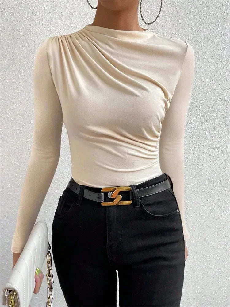 Casual Pleated Mock Neck Long Sleeve T-shirt for Women Autumn Winter Spring Solid Color Ruched Skinny Slim Fit Blouse Top Tshirt