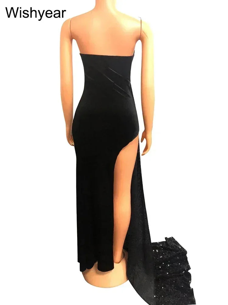 Wishyear Elegant Sparkly Bodycon Long Dresses with Trail Christmas Birthday Dress for Women Sequin Velvet Maxi Evening Vestidos
