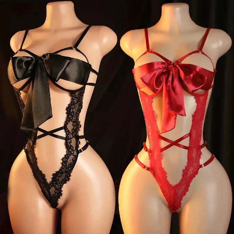 Crotchless Sexy Lingerie For Women Hot Erotic Open Bra Underwear Sexy CostumePerspective Temptation Bodysuit Lace Hollow Bra Set
