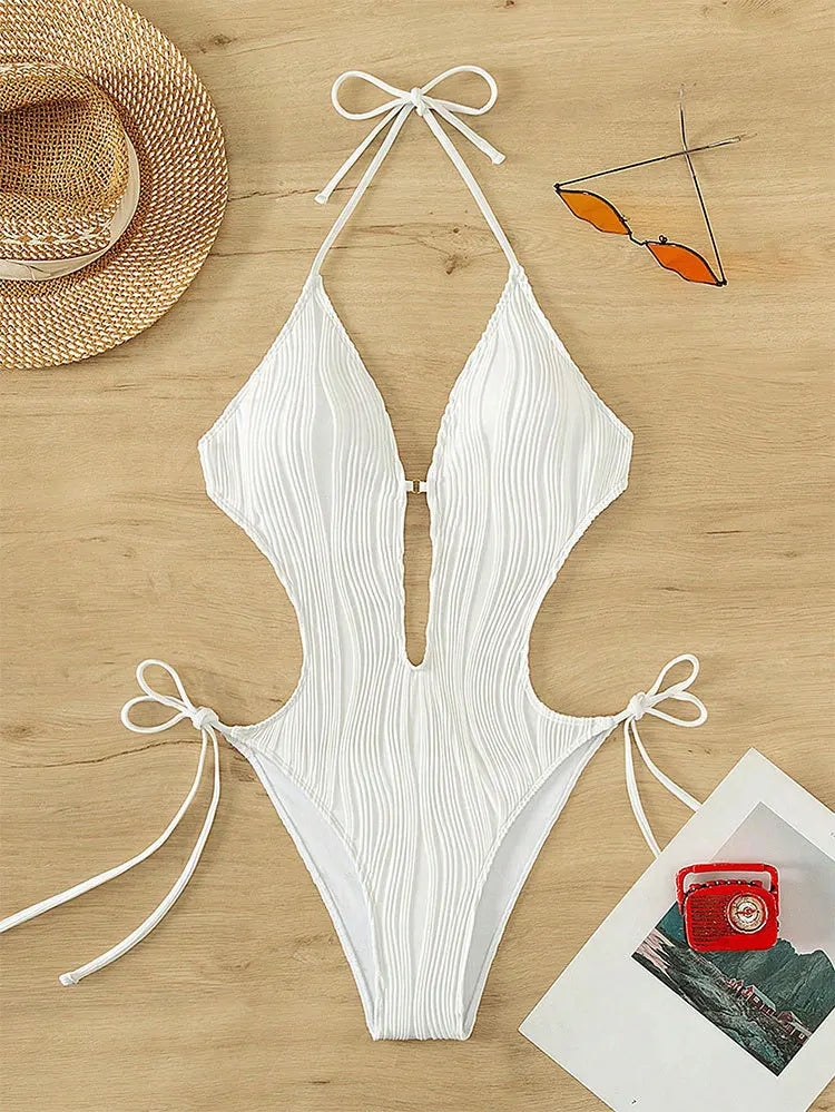One Piece Swimsuit for Women 2024 Lace Patchwork Green Hollow Out Thong Swimwear Beach Bathing Suit Tie Side Backless Monokini