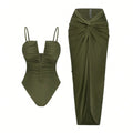 Vintage Green One Piece Swimsuit Long Skirt Sets 2026 Women V Neck Pleate Tummy Control Bathing Suit Holiday Swimwear Monokini