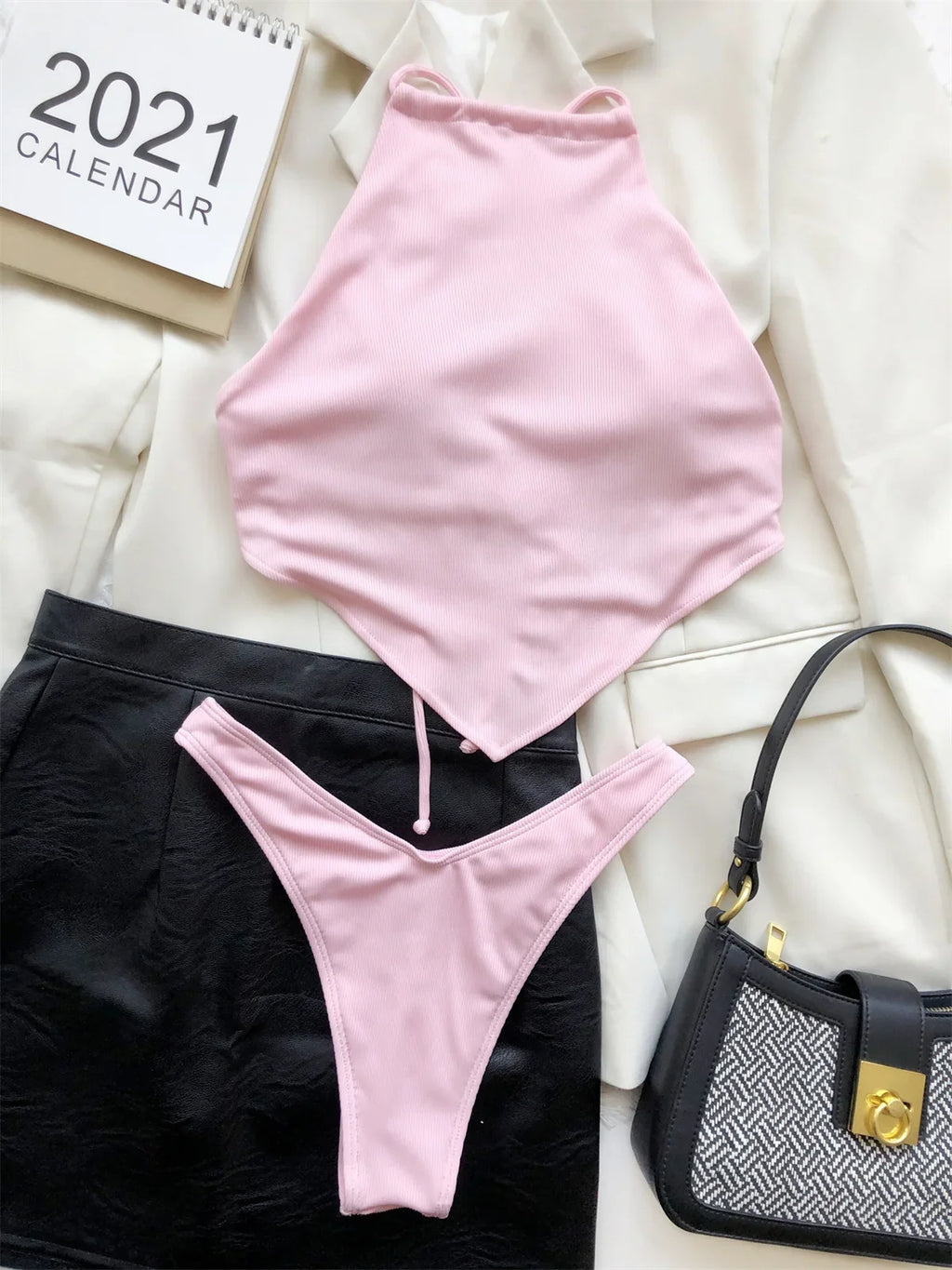 Sexy Ribbed Bikini Set Blue Pink High Neck Cut Out Push Up Crop Top 2 Piece Swimsuit Bathing Suit Thong Swimwear 2024 Beachwear