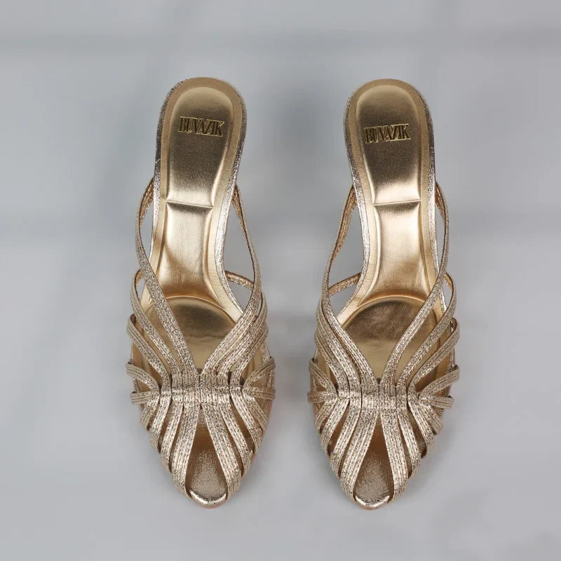 New Gold Hollow Thin Strip Heels for Women Luxury Pointed Toe Heeled Pumps Office Lady Mules Summer Stiletto Shoe Sandals 2025