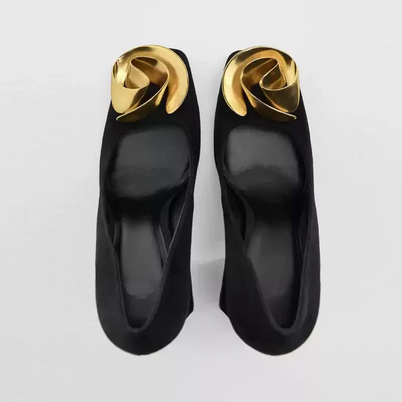 Vintage Elegant Women's Pumps Black Suede Leather Square Toe Block Heel, Gold Metal Flower Buckle Office Party Dress Shoes