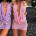 Sexy Deep V neck Knitted Mini Dress for Women Sleeveless Halterneck Backless Solid Slim Fit Bodycon Dress Summer Fitted Dress