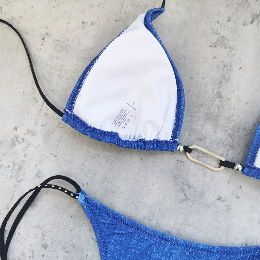 Sexy Triangle Bikini 2025 Women Blue Metal Chain Push Up Micro Swimsuit Summer Bathing Suit Tie Side Thong Swimwear Biquini