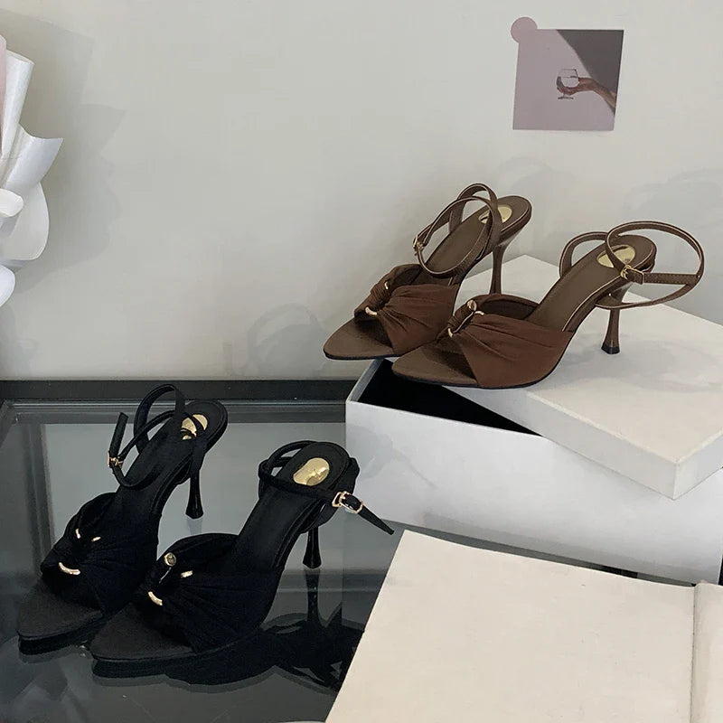 Eilyken Summer Fashion Thin Heels Pleated Hollow Out Buckle Strap Women Sandals Pointed Toe Banquet Party Female Shoes  6CM 9CM