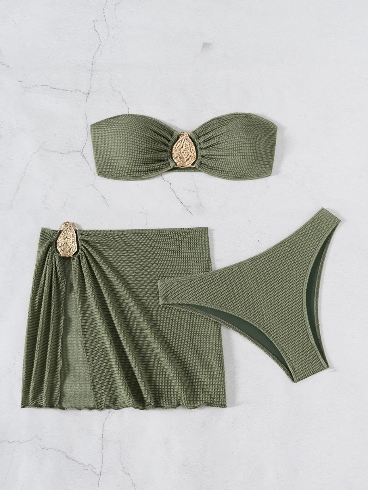 2026 New Sexy Bandeau Bikini Women Metal Water Droplet Ornament Push Up Mesh Skirt 3 Piece Swimsuit Beach Bathing Suit Swimwear