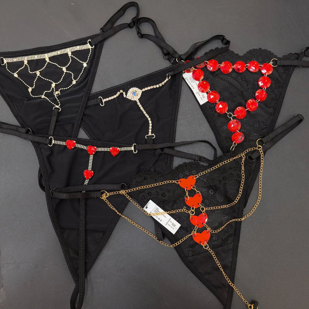 Rhinestones Metal Chain Sexy Women Panties Gem G String Girls Briefs Thong Lace Erotic Female Underwear Low Waist Intimates