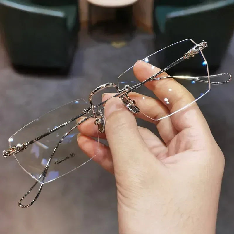 New Fashion Photochromic Myopia Glasses Vintage Rimless Square Women Men Anti Blue Light UV Sunglasses Optical Diopter Eyewear