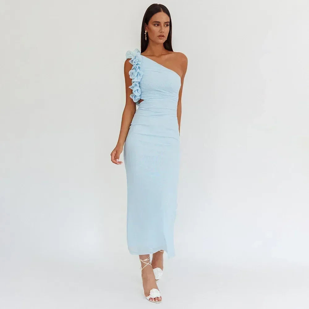 Articat Elegant Sleeveless Slant Shoulder Flower Dress Women Spring/Summer 2025 Sexy Mesh Wrap Hip Dress Party Evening Dress