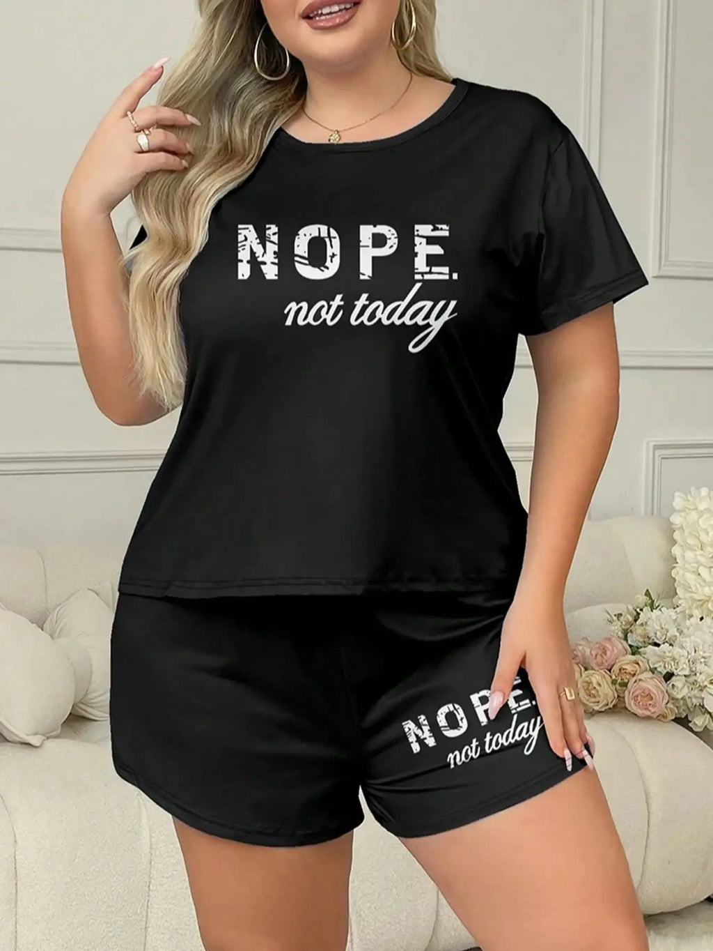 Letters Print Pajama Set Short Sleeve Tee And Elastic Shorts Plus Size Fit Women's Casual Attire Sports Wear Loungewear Homewear