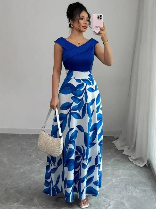 Elegant Short-sleeved Dress For Women Spring Summer Fashion Printing Waist-tightening Patchwork Loose Casual Dresses Female