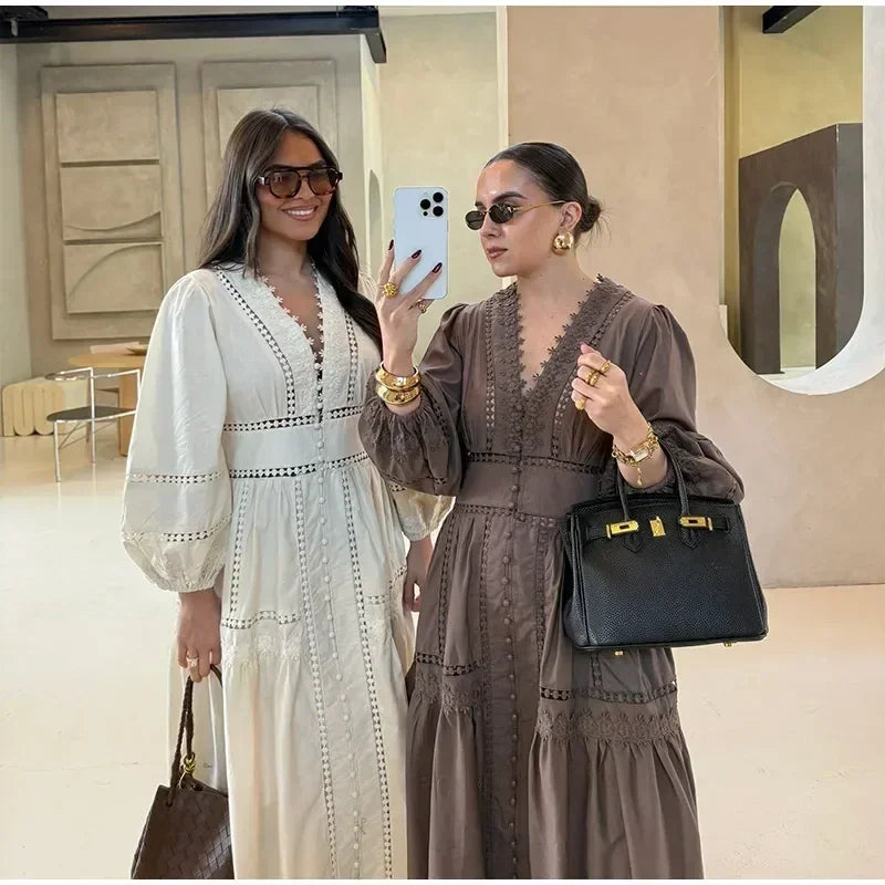 Elegant Lace Patchwork Hollow Out Dress Women Solid V-neck Long Lantern Sleeve Loose Dresses 2025 Spring Vacation Lady Robes