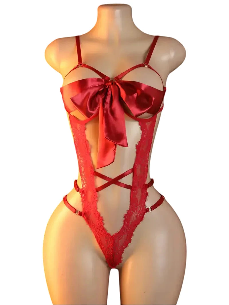 Crotchless Sexy Lingerie For Women Hot Erotic Open Bra Underwear Sexy CostumePerspective Temptation Bodysuit Lace Hollow Bra Set