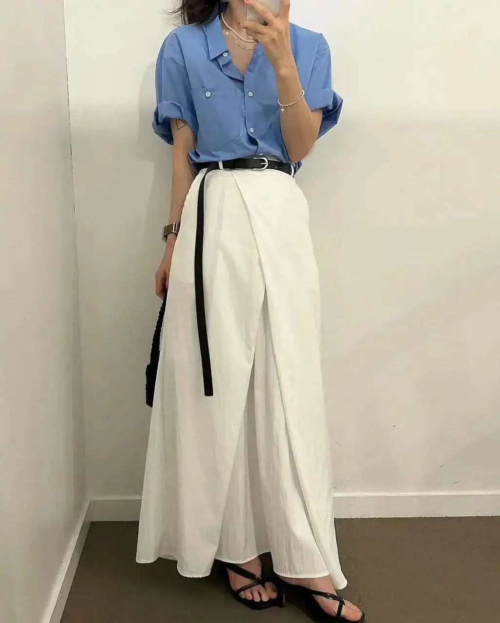 Loose Knee-Length A-Line Skirt Versatile Minimalist Design Commute High Waist Midi Pure Color Polyester Fiber Skirt WDM4