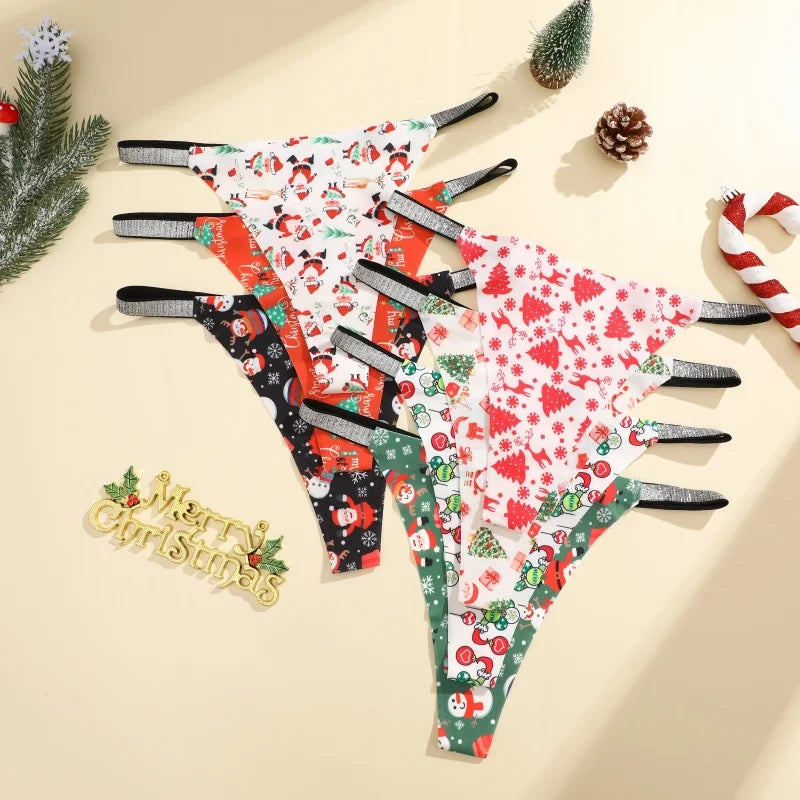 4Pcs Christmas Print Underwear Breathable Shiny Belt Thong Women Skin-friendly Fashionable Casual Christmas Gifts