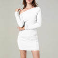 Fashion Off Shoulder Women Ruched Mini Dress Spring Slim Fit Solid Color Slash Neck Long Sleeve Bodycon Dress for Party Club