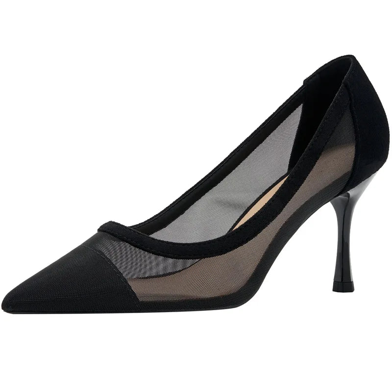 maogu Black Women Pointed Toe High Heel Work Shoes Dot Mesh Vintage Elegant Shallow Stiletto 2023 Spring Summer Thin Heels Pumps