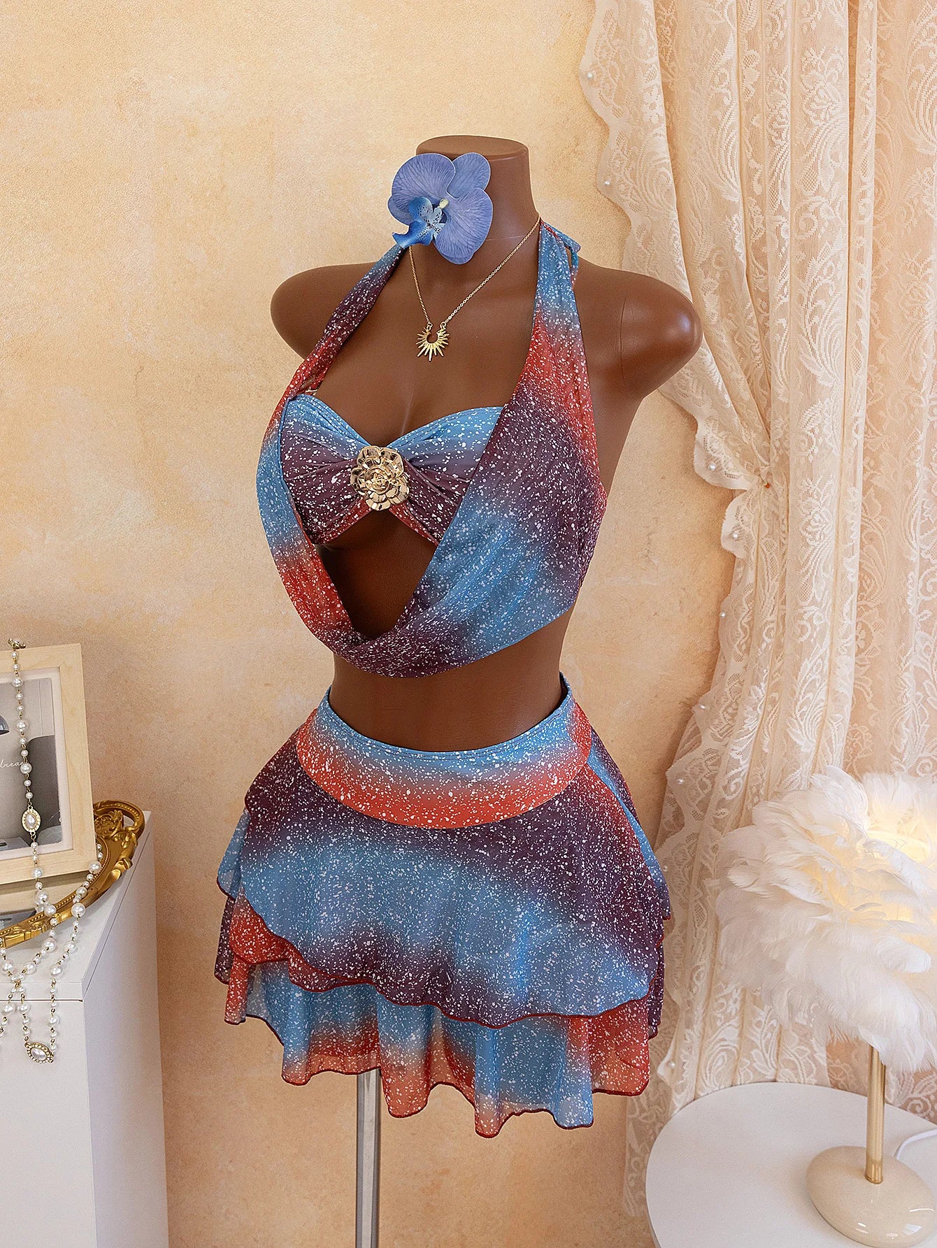 Sexy Blue Gradient Bikini Set 2026 Women Metal 3D Flower Push Up High Waist Pleate Skirt Swimsuit Holiday Bathing Suit Swimwear