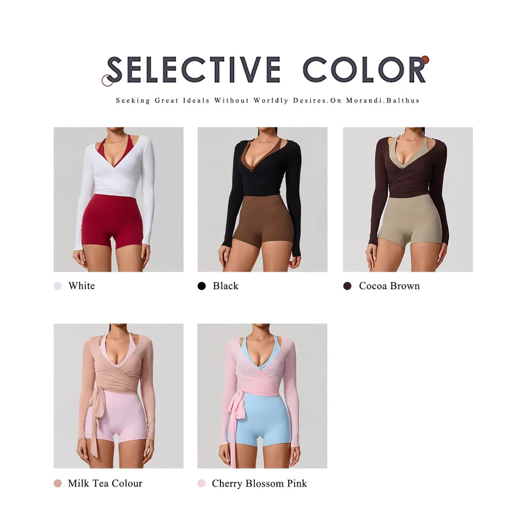 Hearuisavy Summer Women's Yoga Shirt Long Sleeve Sportswear Gym Breathable Quick Dry Sports Top Pilates Dance Ballet Wrap Tops