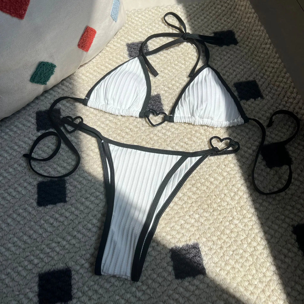 Sexy Heart Designer Micro Bikini 2024 Women Black Contrast Push Up Swimsuit Summer Beach Bathing Suit Thong Swimwear Biquini