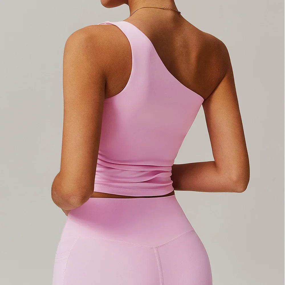 Single Shoulder Bra Women Yoga Sports Bra Breathable Shock Proof Gym Workout Fitness Push Up Top Running Sports Vest Underwear