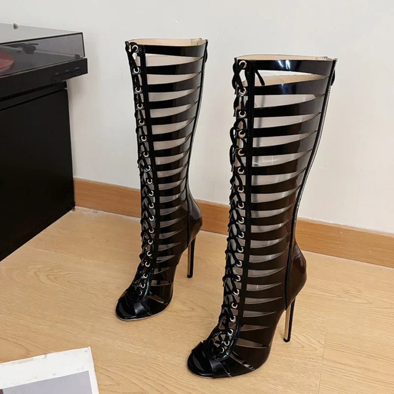 Liyke Fashion Hollow Out Cross Strap Knee High Boots Sandals Women Zip Sexy Peep Toe Stripper Heels Shoes Female Long Booties
