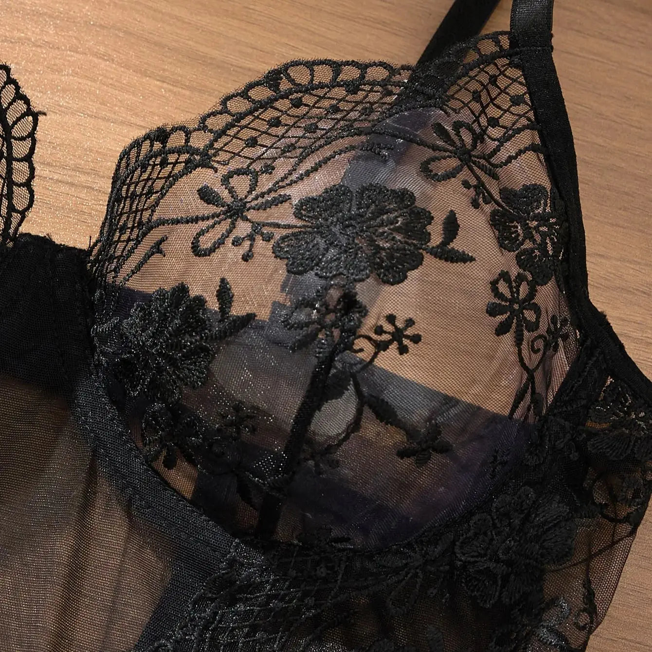 Black Lace Bodysuit with Floral Embroidery Sexy High-Waist Triangle Panties Strap Design Shapely Cutout to Highlight Women's Cur