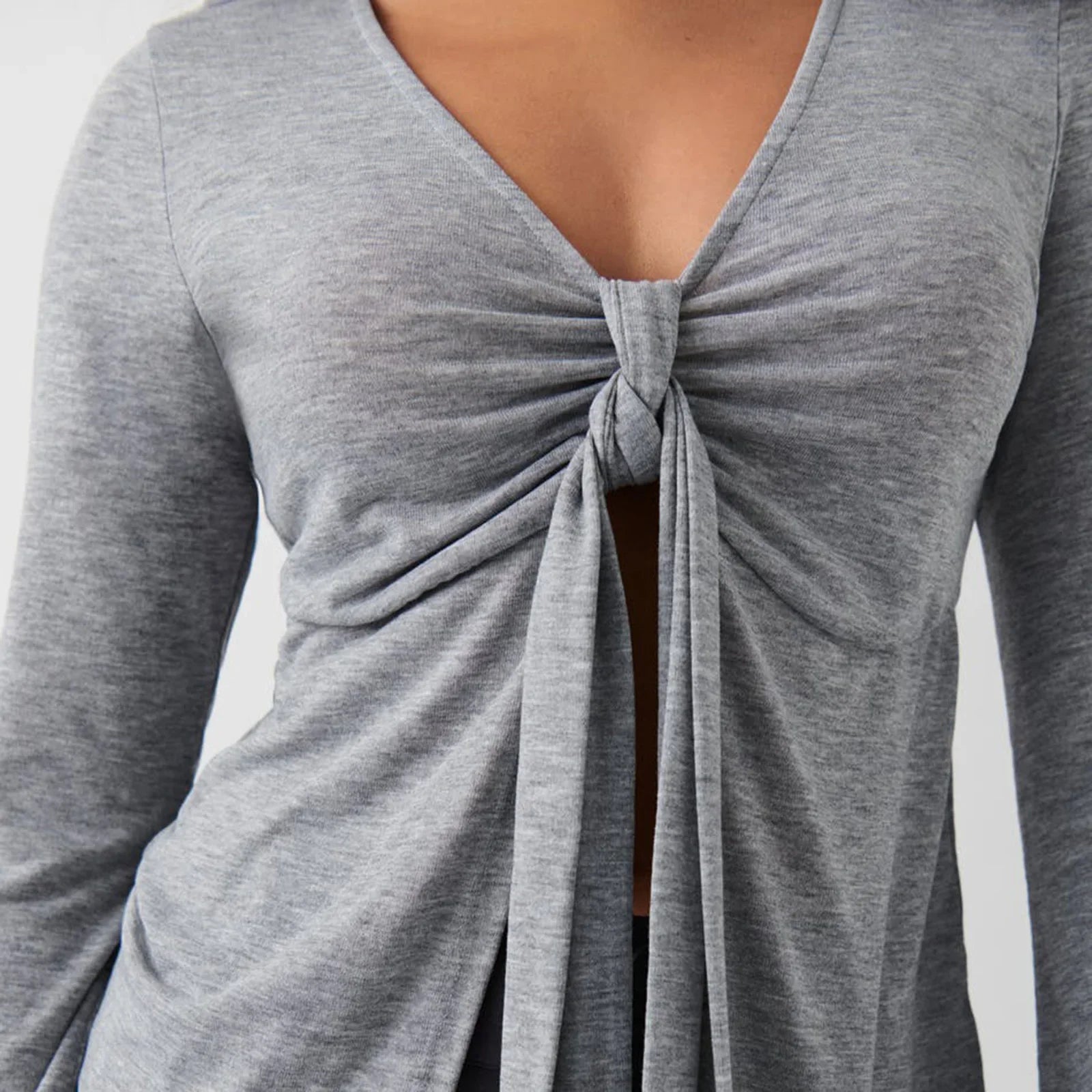 Women's Spring Summer Slimming Crop Tops Long Sleeve V Neck Tie Up Solid Color Trendy T-shirt