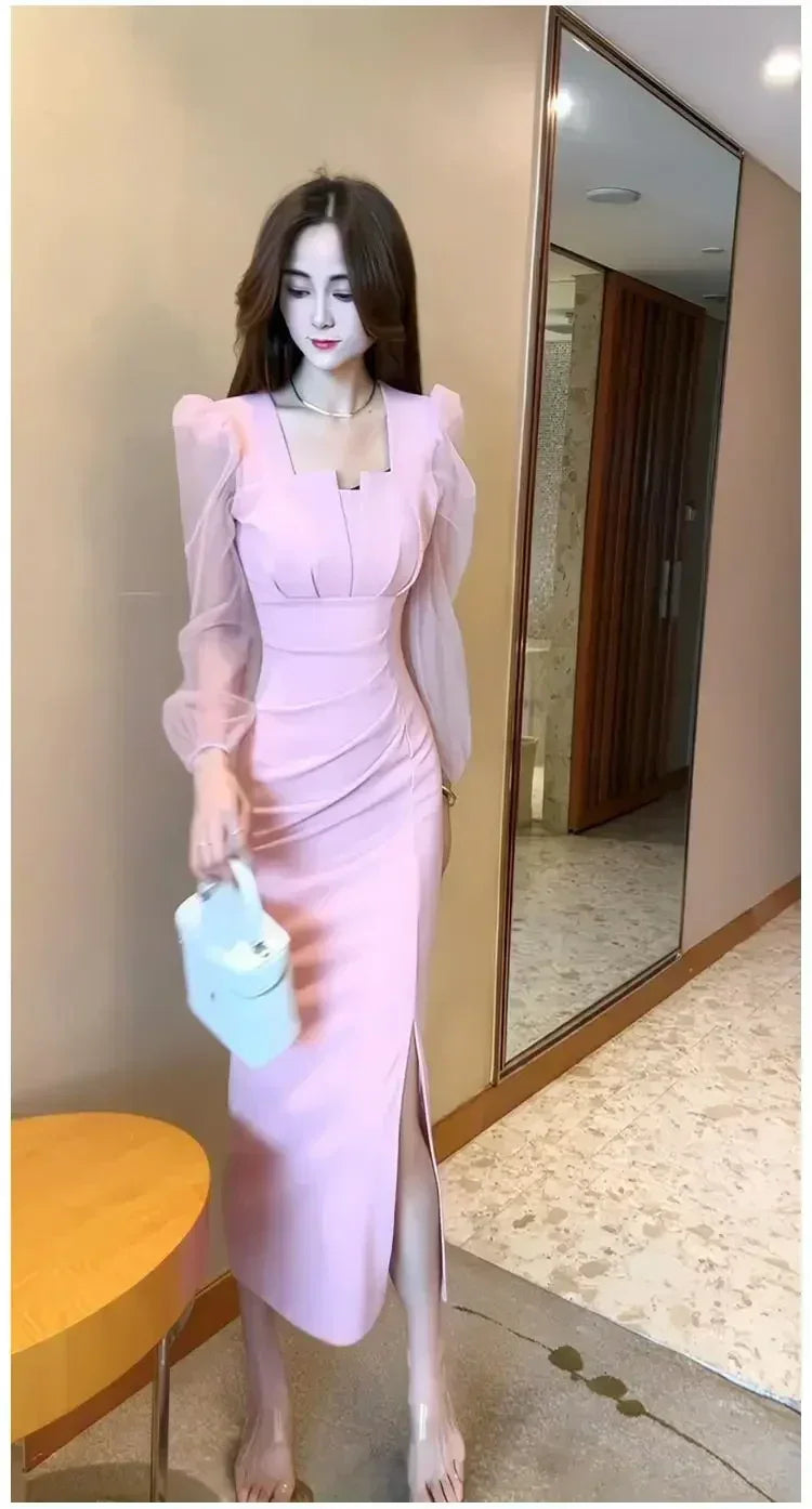 Gentle Temperament Slim Fit Dress with Women's Sleeves Square Neckline Pleated Solid Color Slimming Effect Medium Length Skirt