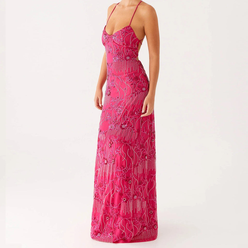 Elegant Sequin Beaded Women Maxi Dresses Flower Embroidery Sleeveless Party Cami Dress Summer Criss Cross Spaghetti Strap Dress