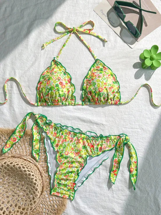 Cute Orange Floral Print Bikini Set Women Halter Ruffles Push Up Tie Side Thong Swimsuit 2026 Summer Bathing Suit Micro Swimwear