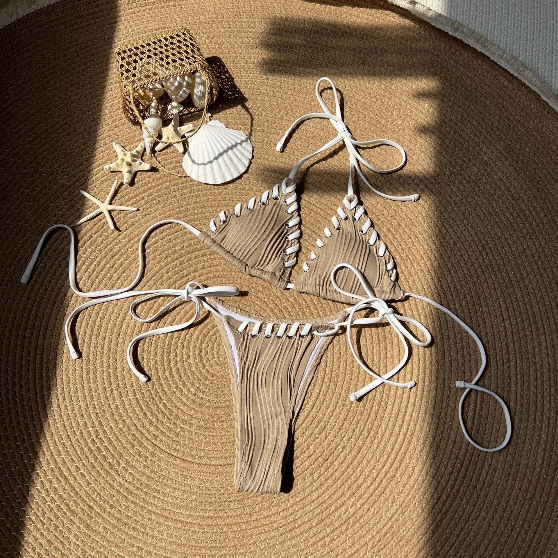 Sexy Micro Bikini 2025 Women Beige Brown Pink Weave Bandage Cross Crochet Swimsuit Brazilian Beach Bathing Suit Thong Swimwear