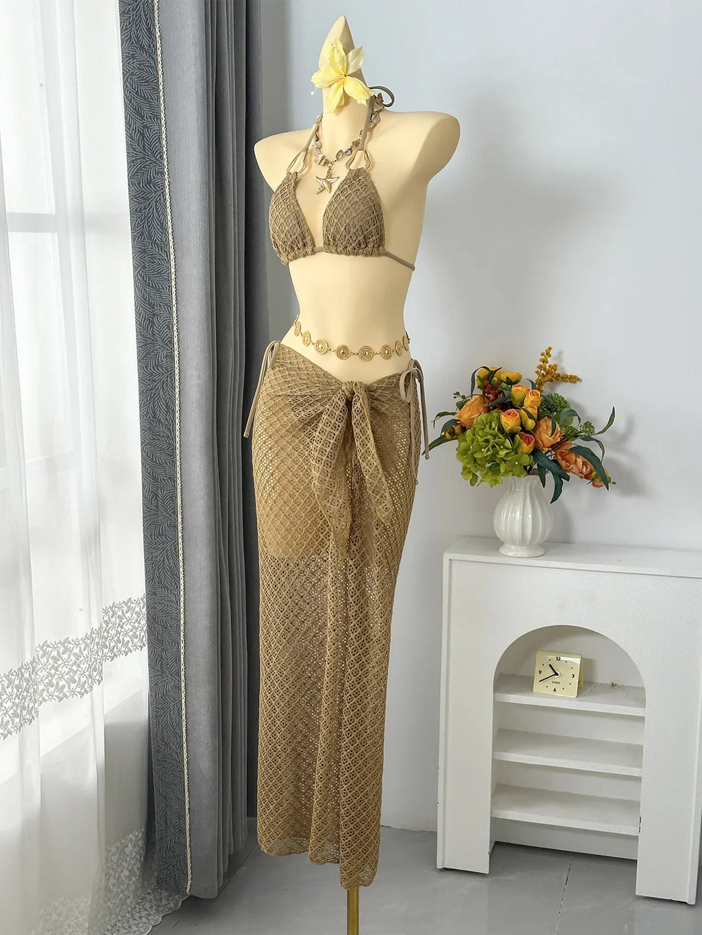 Vintage Beige Black Mesh Skirt 3 Piece Bikini Set 2026 Women Metal Chain Strap Push Up Bra Swimsuit Beach Bathing Suit Swimwear