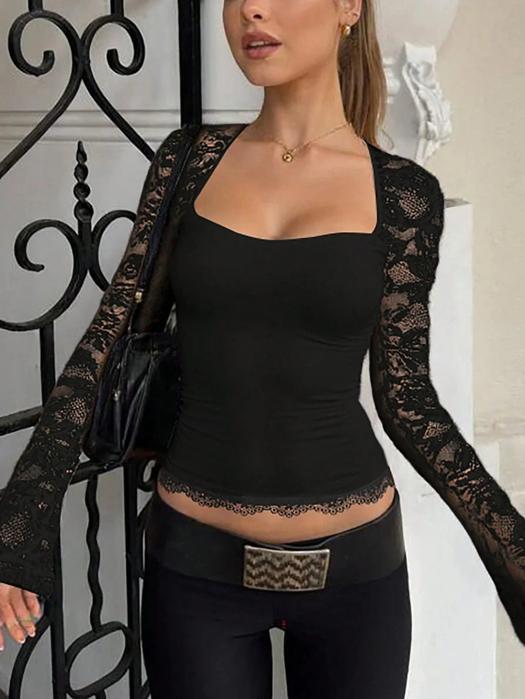 Women's Sexy Lace Patchwork Square Collar Flare Sleeve T-Shirt Elegant Slim Fit Long Sleeve Cropped Top Spring/Fall 2026