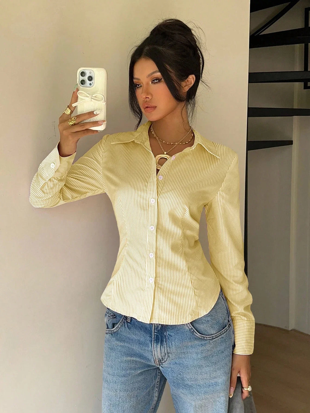 Women's Elegant Back Tie Design Long Sleeve Shirt Office Lady Slim Fit Stripe Turn-down Collar Blouse Spring Fall