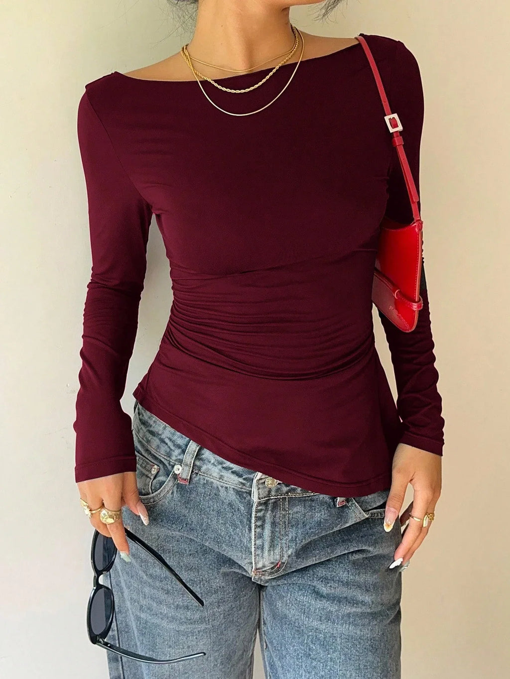 Women's Elegant Lace Patchwork Bow Decorate Long Sleeve T-Shirt Casual Asymmetry Hem Slim Fit Boat Collar Pleating Tops 2026