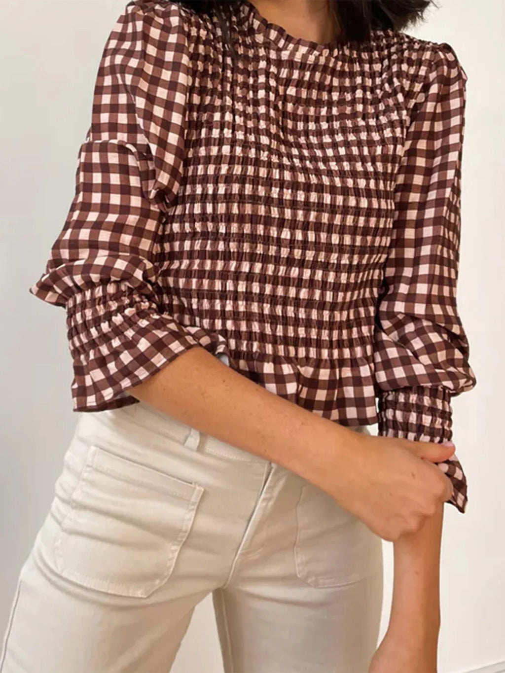 Women Fashionable Casual Round Neck Smocked Bubble 3/4 Sleeve Tops Summer Fall Plaid Print Ruffled T-shirts