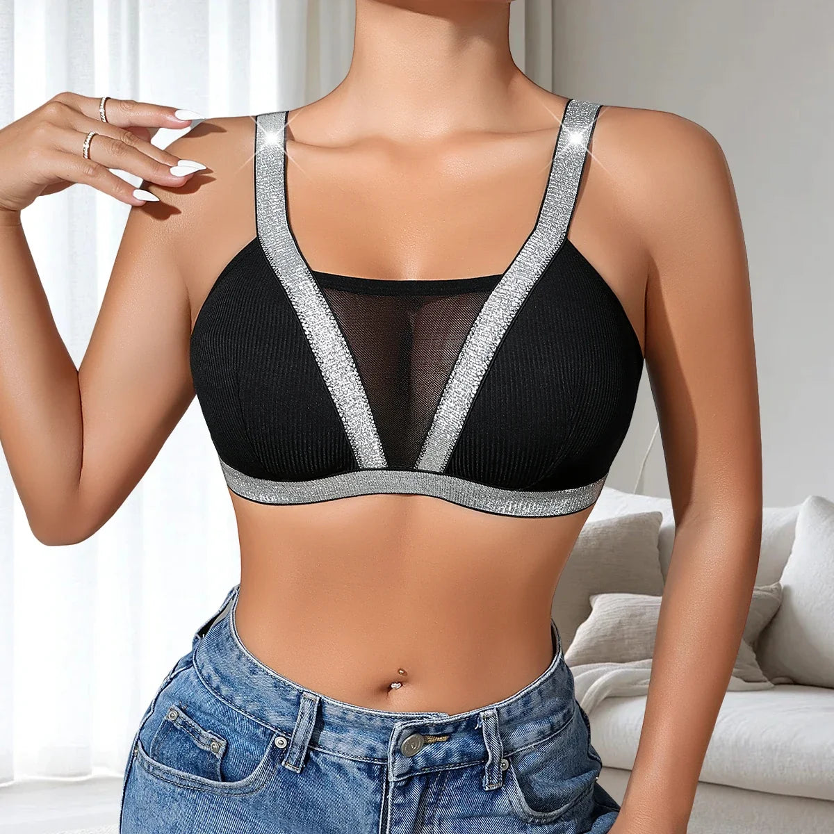 1pcs Fashion New Style Bras Silver Satin Women's Underwear Wire-Free Padless Bras Elegant Lady Bra Comfortable Sexy Lingerie